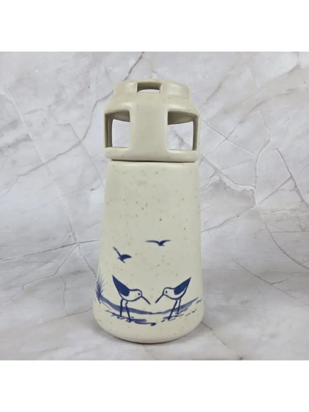 Vintage Sanibel Pottery 1984 Lighthouse Candle Holder Seabirds Cream Blue